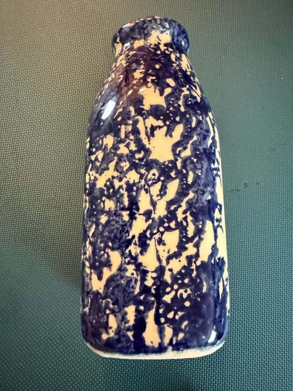 Vintage Alpine Pottery Roseville Ohio Blue Spongeware Milk Bottle Vase